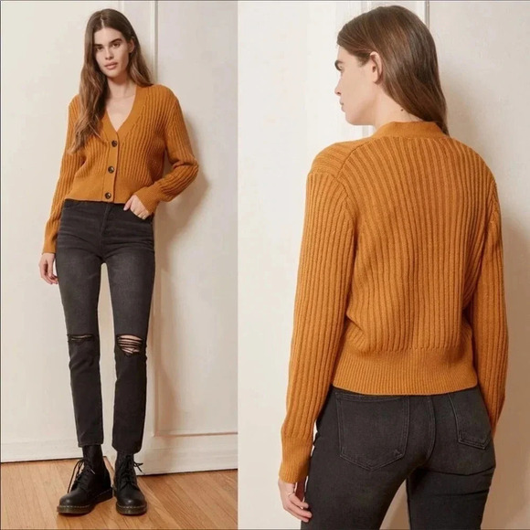 Lulus Camel Mustard Yellow Ribbed Knit Short Cardigan Sweater Women’s Size XL - Picture 2 of 5